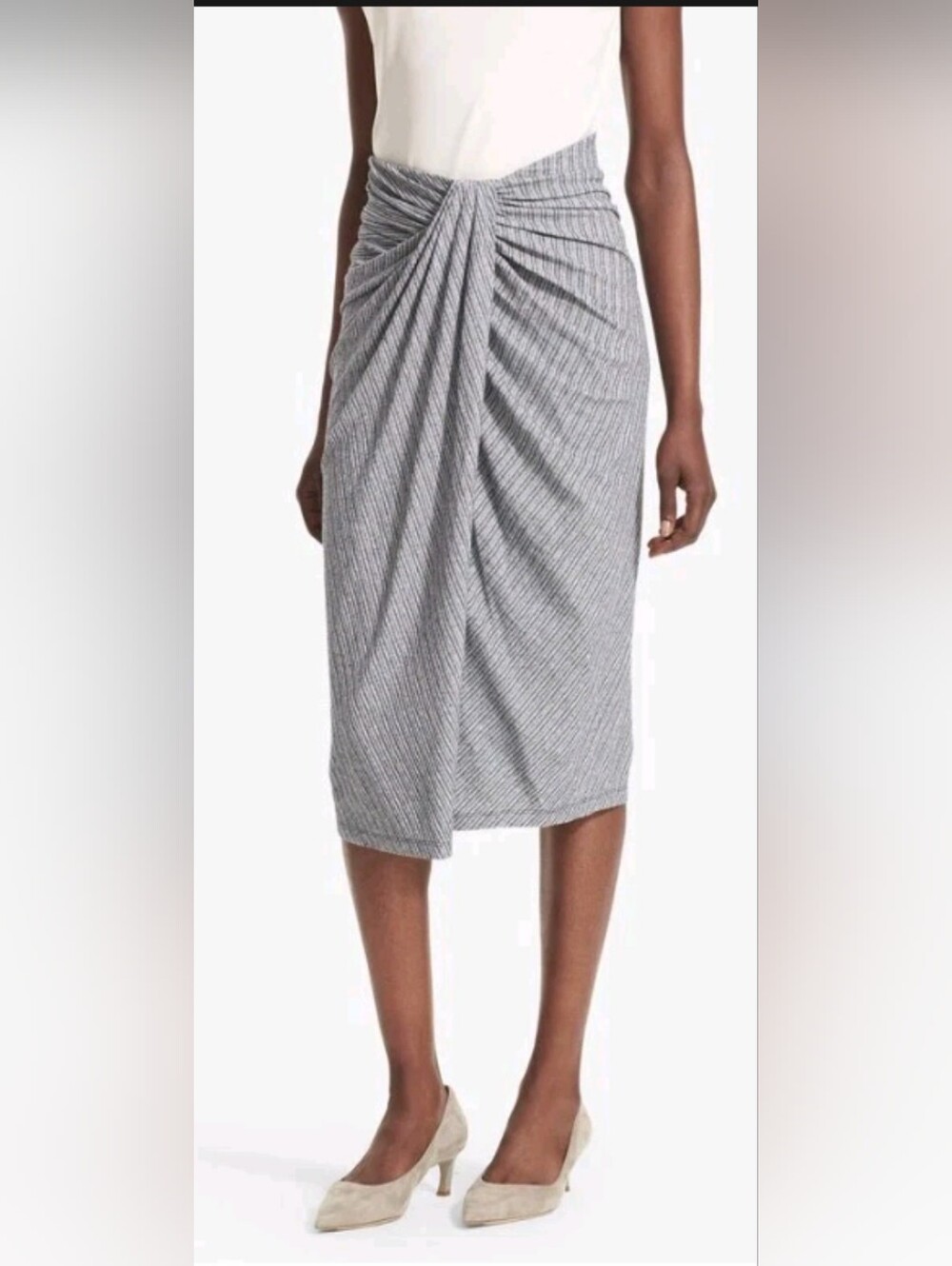 MM Lafleur Navy Gray Pinstripe Ruched Midi Skirt